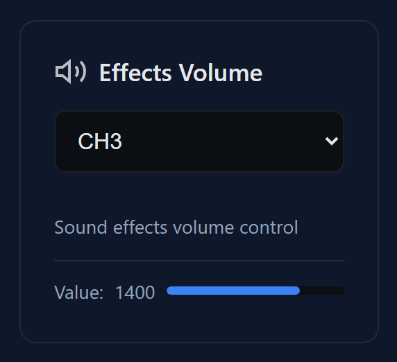 The Effects Volume card, with a channel drop-down and a live bar.