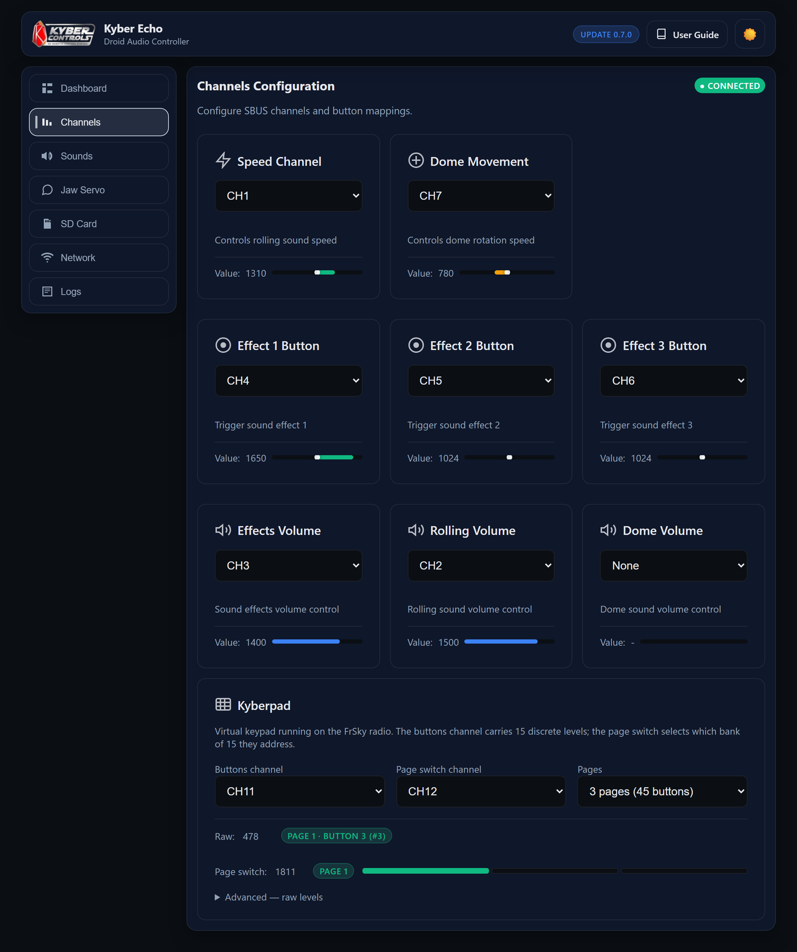 The Channels page, its cards stacked, each with a drop-down and a live bar.