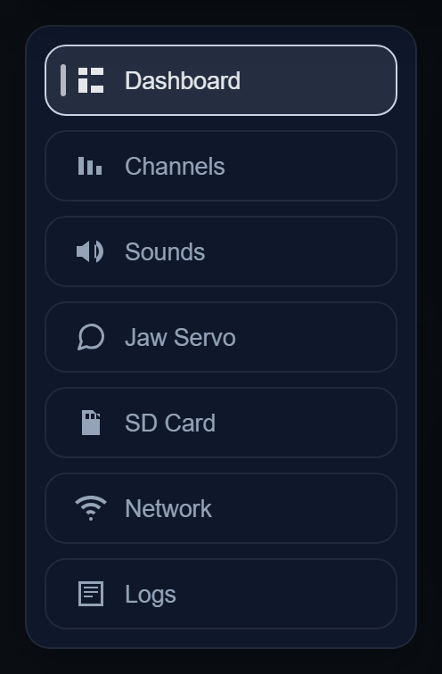 The web interface page list: Dashboard, Channels, Sounds, Jaw Servo, SD Card, Network, and Logs.