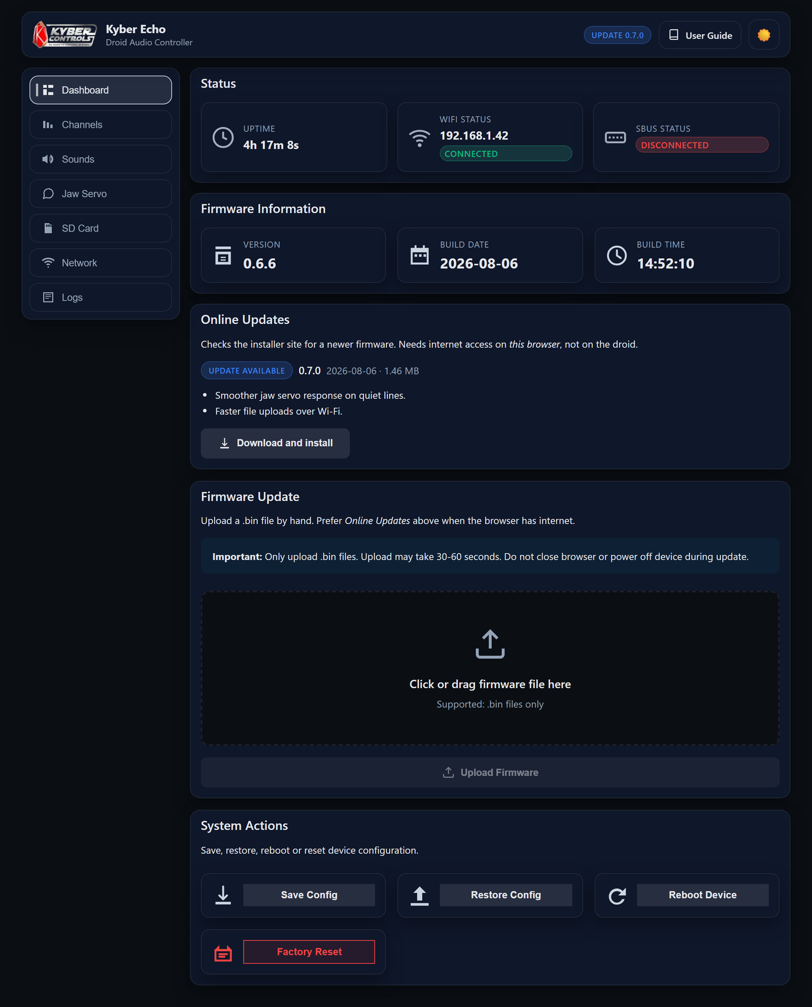 The Dashboard as the web interface opens, with the Status, Firmware Information, and update cards filled in.