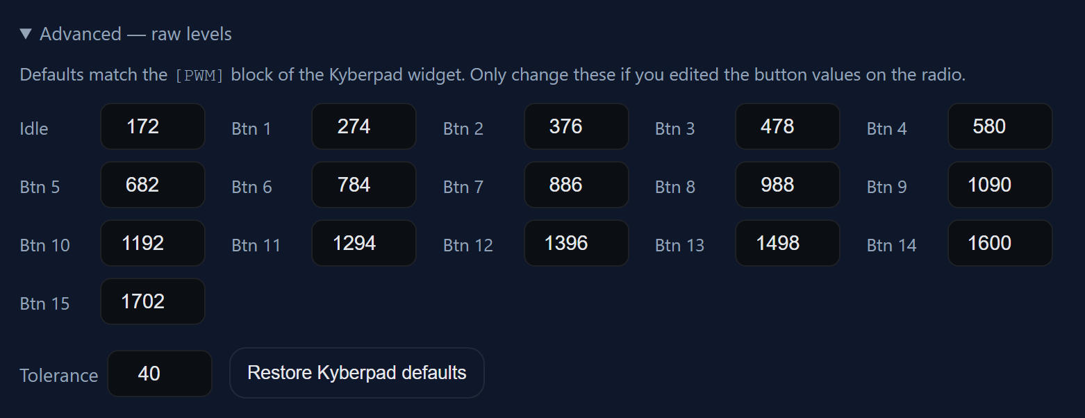 The Advanced section of the Kyberpad card, showing sixteen raw level fields, a Tolerance field and a Restore Kyberpad defaults button.