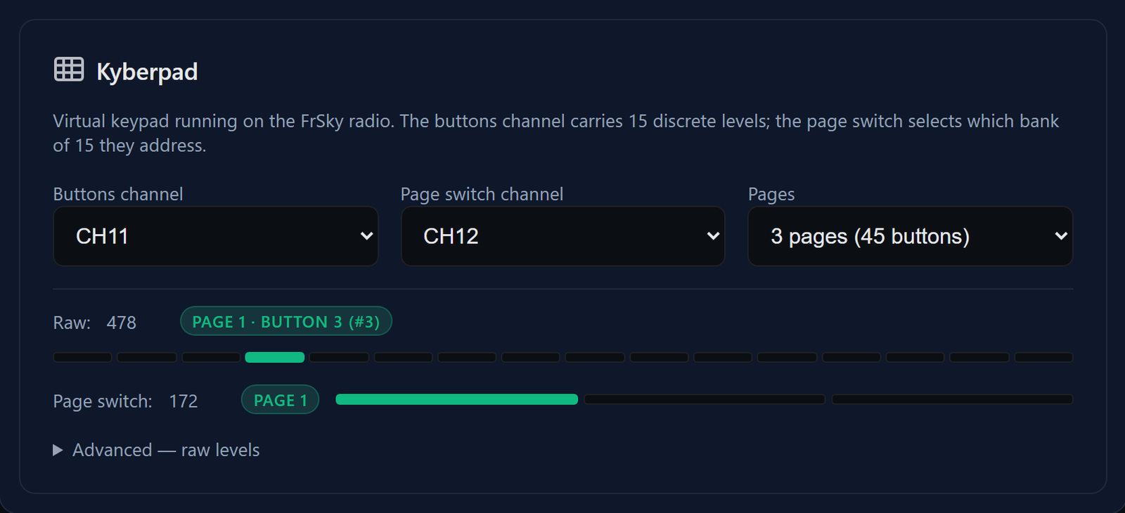 The Kyberpad card: two channel drop-downs, a page count, and a live readout naming the key being pressed.