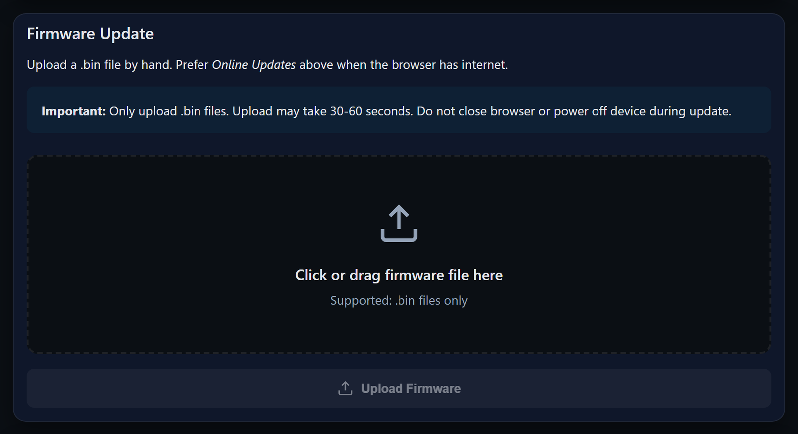 The Firmware Update card, with a dashed area for dropping a file.