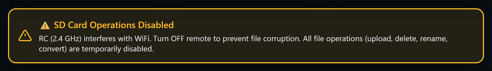 An amber banner reading SD Card Operations Disabled.