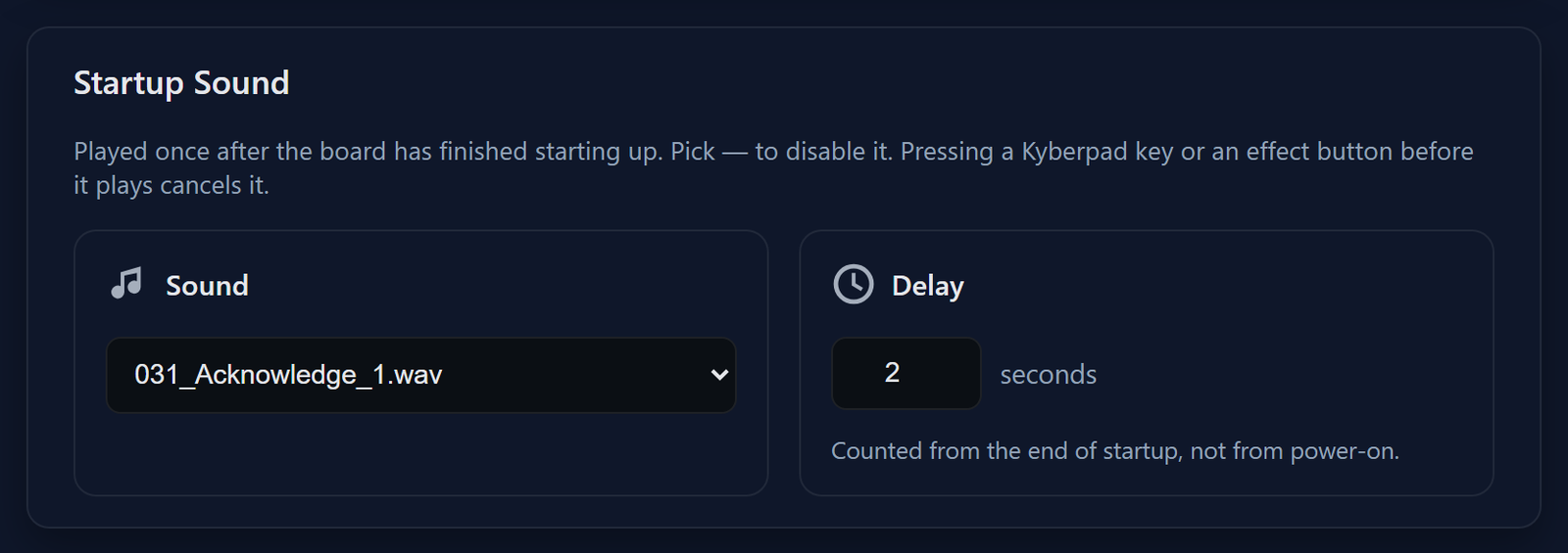 The Startup Sound card, with a sound selector and a delay in seconds.