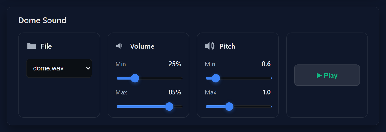 The Dome Sound card, with the same file selector, volume, and pitch sliders.