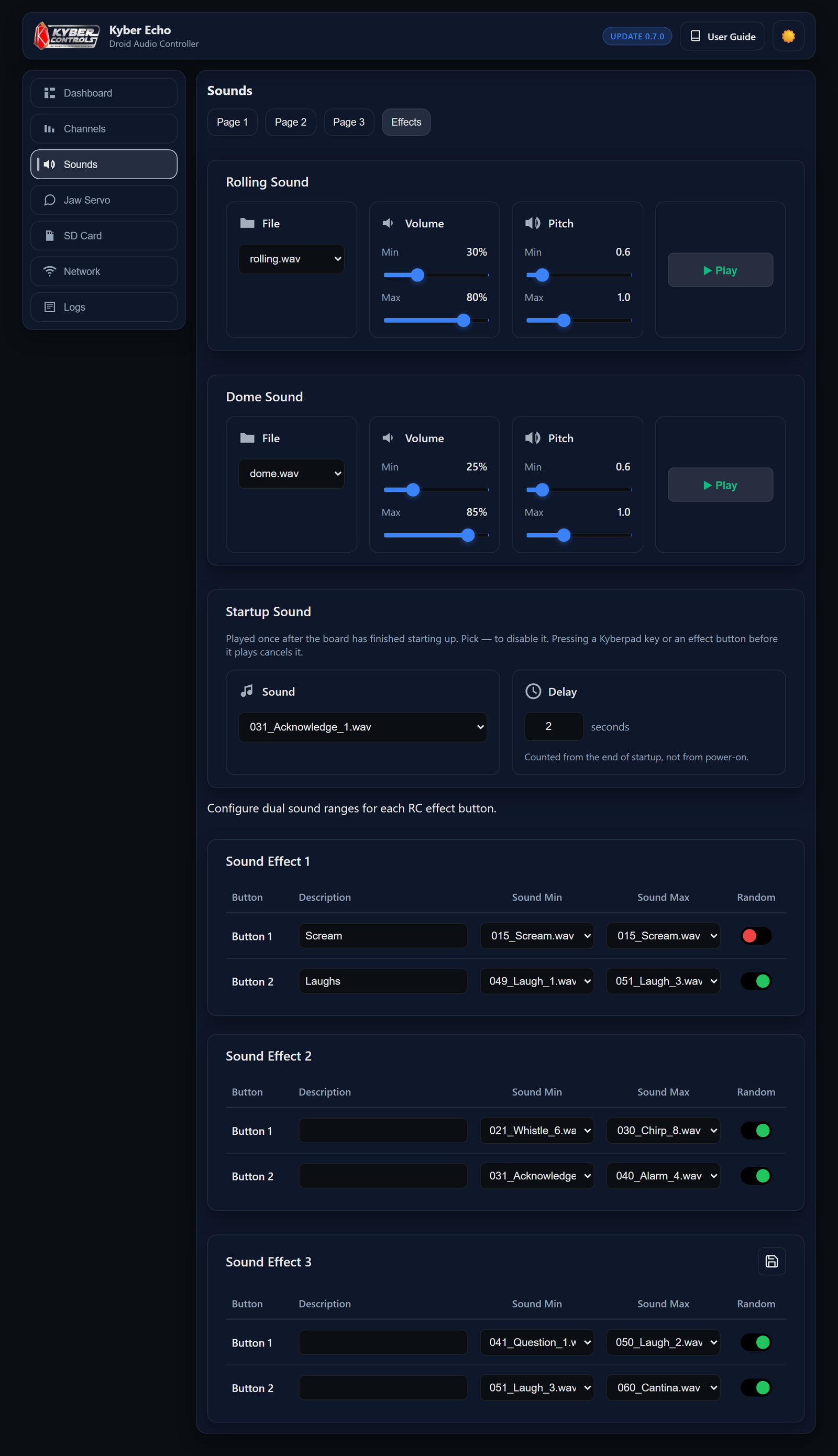 The whole Sounds page on the Effects tab: Rolling Sound and Dome Sound cards above three effect-button cards.