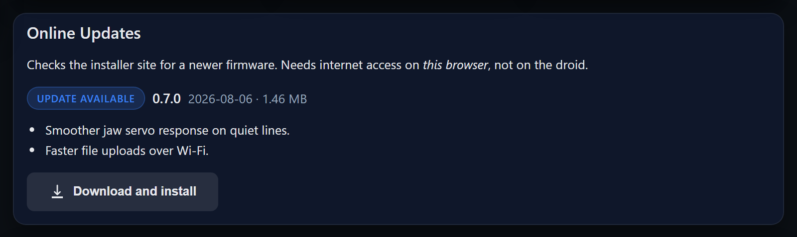 The update card reading 'Update available', install button showing.