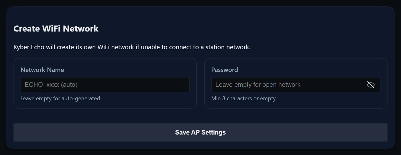 The Create WiFi Network card, with fields for the network name and its password.