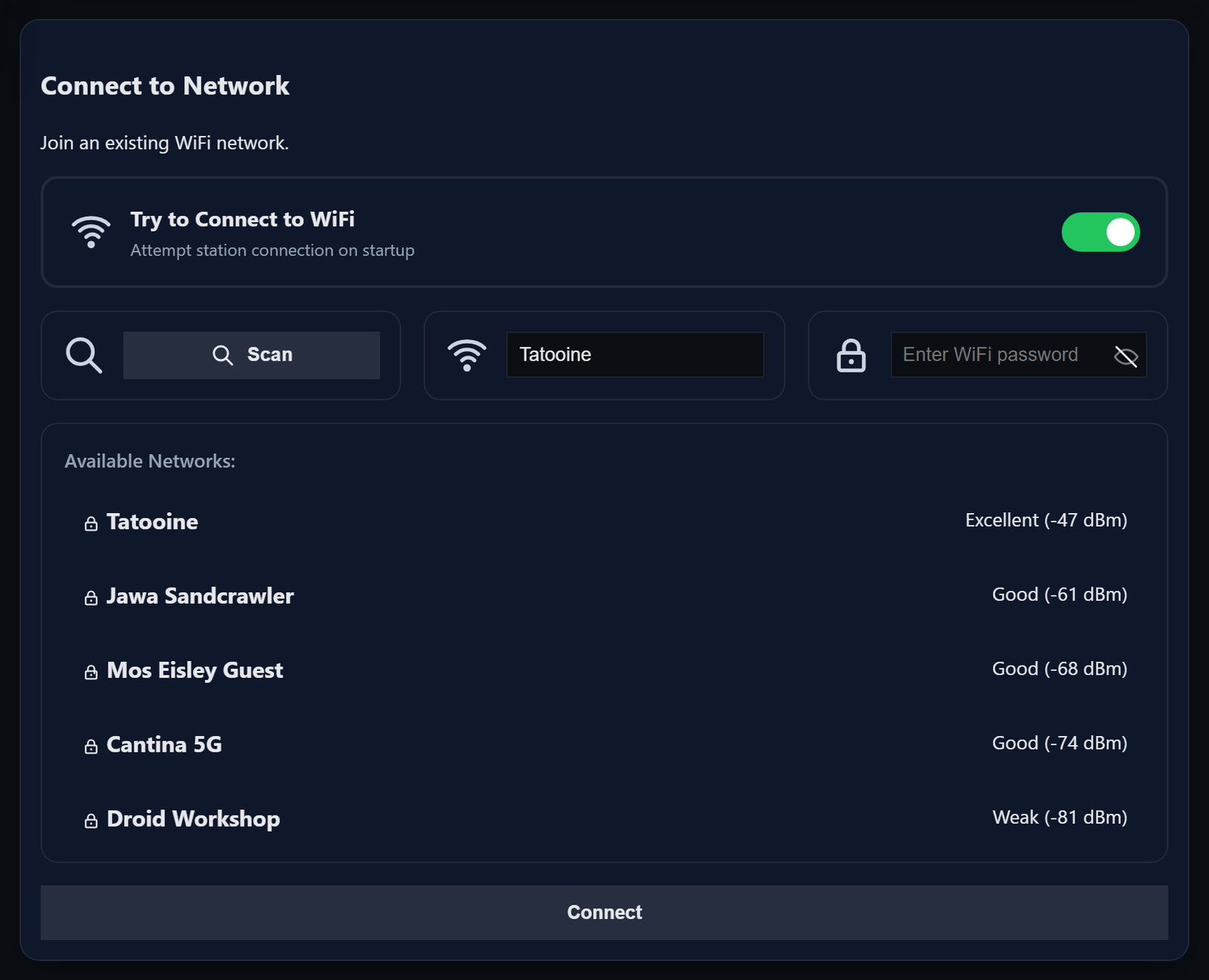 The Connect to Network card with the connection switch on and a list of scan results.
