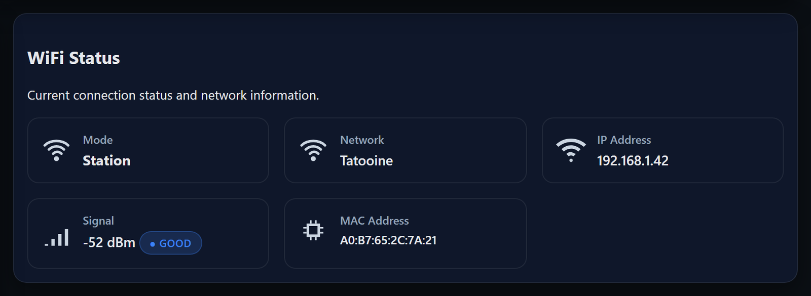 The WiFi Status card, showing Station mode, the network Tatooine and the address 192.168.1.42.